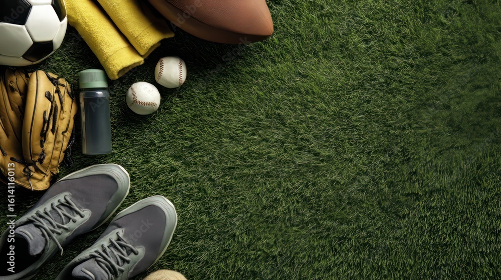 Naklejka premium Flat lay of sports gear placed on green grass with room for text
