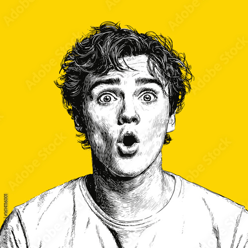 Surprised young man expressing astonishment against a vibrant yellow background in a dynamic portrait
