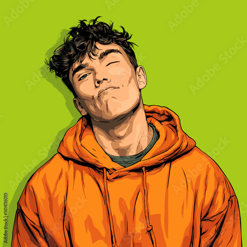 Young man with a playful expression in a bright orange hoodie against a vibrant green background indoors