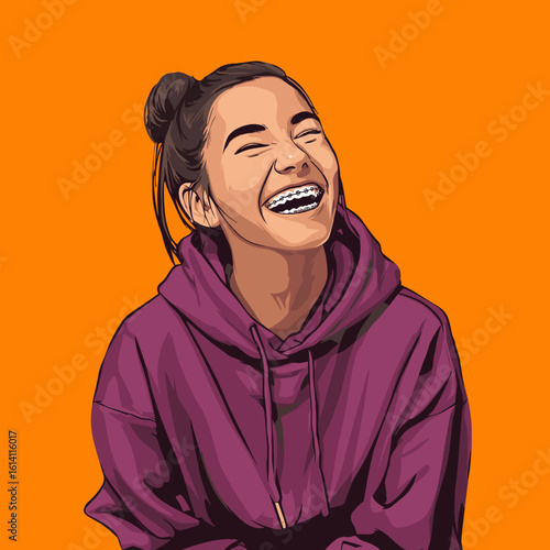 Smiling teenager with braces wearing a hoodie against an orange background