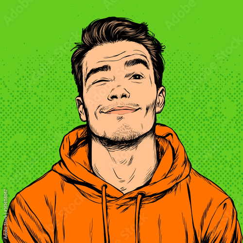 Bright green background featuring a young man with a playful expression in an orange hoodie