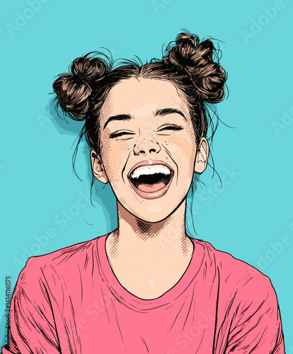 Cheerful young girl with playful hairstyle smiling brightly against a vibrant blue background