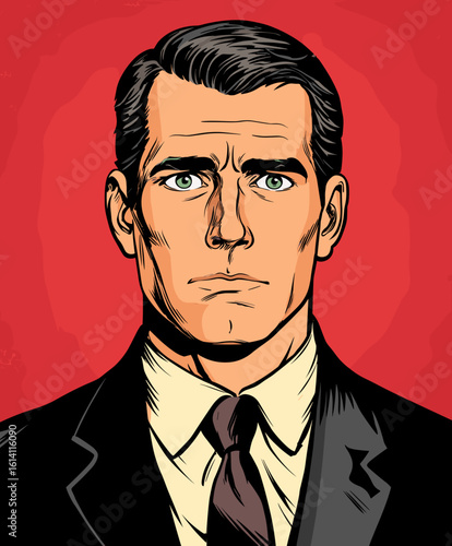 Stylized illustration of a serious businessman on a vibrant red background with classic comic book artistry