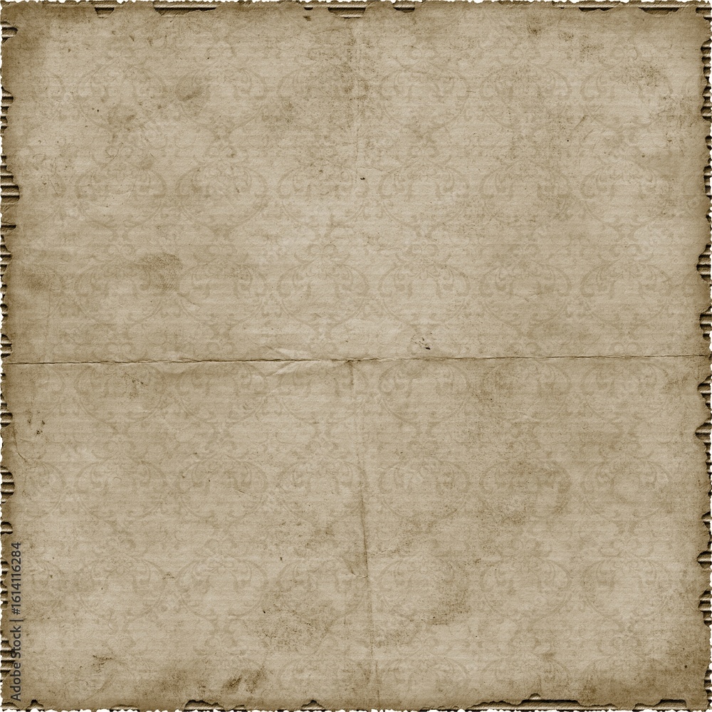 Fototapeta premium Vintage brown parchment paper with distressed torn edges and soft fold lines, ideal for antique invitations, maps, scrapbooking, journaling, posters, and historical-themed designs.