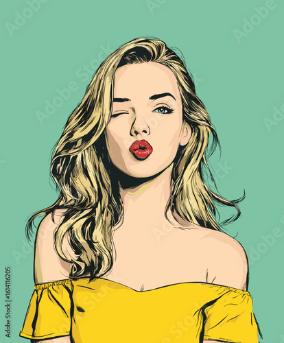 Woman in yellow top winking and blowing a kiss against a bright green background