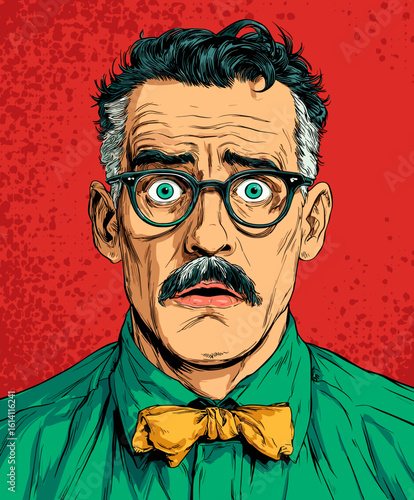 Man with glasses showing surprise and disbelief against a red background at an event celebrating unusual news in the evening