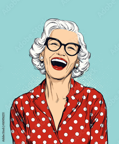 Cheerful older woman with white hair and glasses smiling against a bright blue background