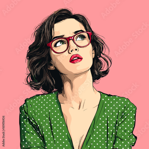 Thoughtful woman in red glasses with wavy hair gazing up against a pink background
