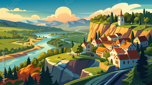 Scenic overlook of a river and village from rocky hilltop