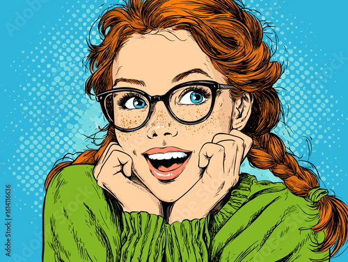 Young woman with red hair smiles widely, showcasing freckles while wearing glasses in a vibrant setting