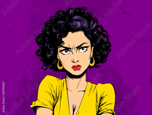 Bold and confident woman with curly hair expresses attitude against vibrant purple background