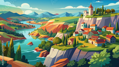 Scenic overlook of a river and village from rocky hilltop