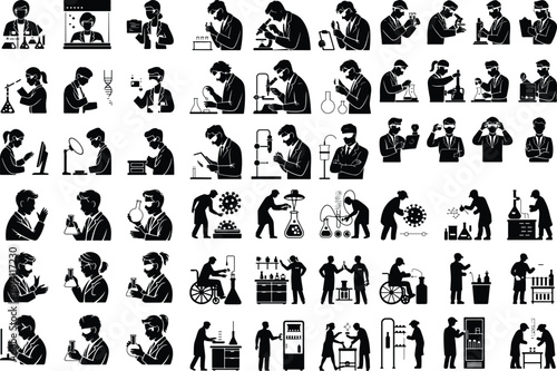Scientist in Laboratory Icon Silhouette Set Lab Researcher Silhouette Icons Collection