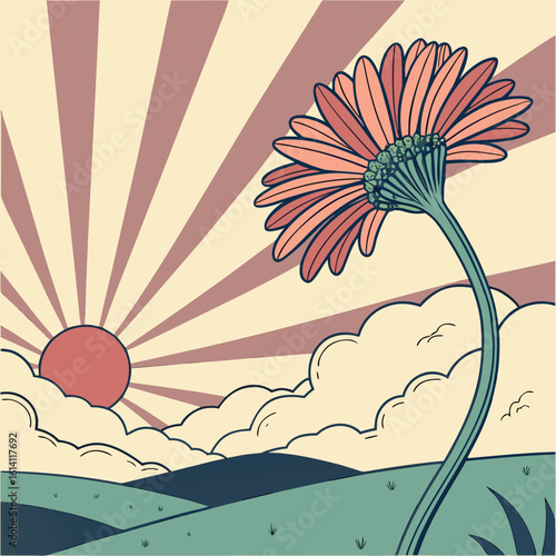 Surreal digital painting featuring a giant gerbera daisy as the sun in a vibrant dreamlike landscape with abstract elements and a colorful sky