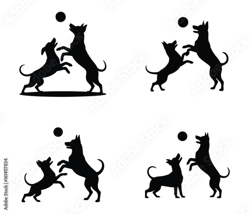 Dog Silhouette Pattern Playing with Ball on White Background Vector Illustration