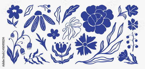 Set of abstract floral shapes. Decorative botanic elements, contemporary flower and leaf art, modern blue wavy blossom shapes. Vector collection