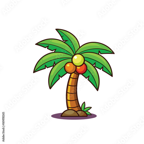 Cute and colorful cartoon-style palm tree with coconuts and curved trunk. Ideal for children's books, learning materials, games, and summer-themed designs.


