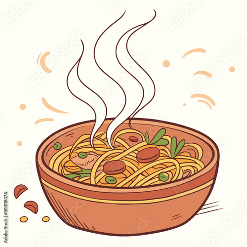 Vibrant indian masala noodles served steaming hot in a traditional clay pot perfect for food advertising and culinary promotions