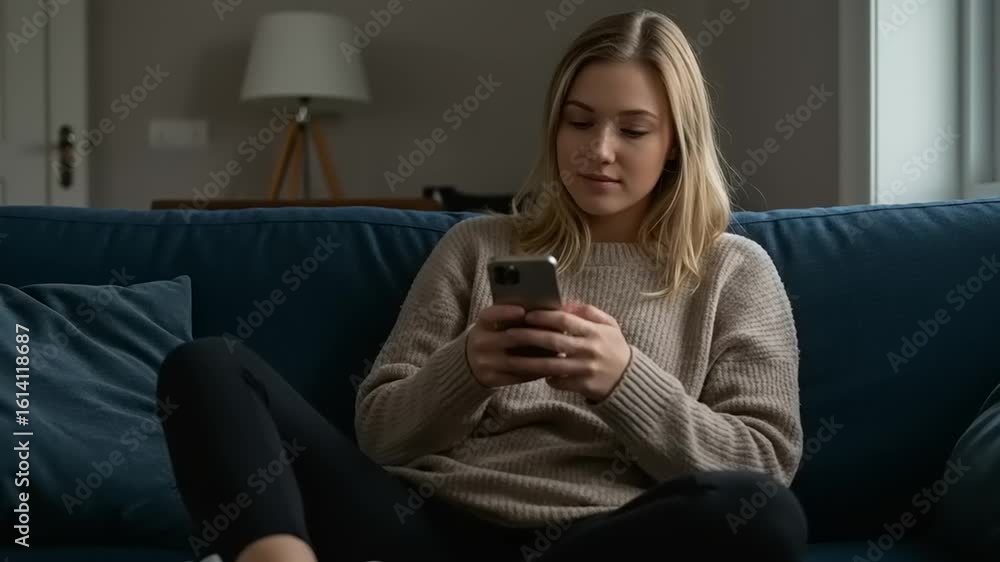 Woman using smartphone on sofa Woman using smartphone on sofa