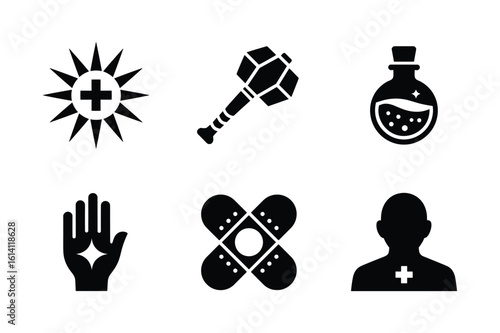 Sunburst cross potion bottle mace hand bandages person with cross vector