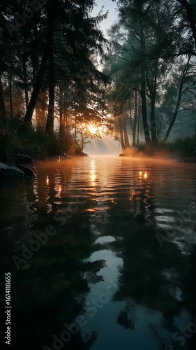 Serene river with reflections at sunrise surrounded by trees  