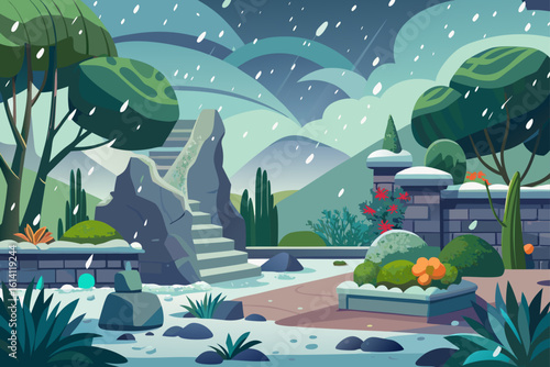 Garden Scene During Snowstorm With Rocky Textures