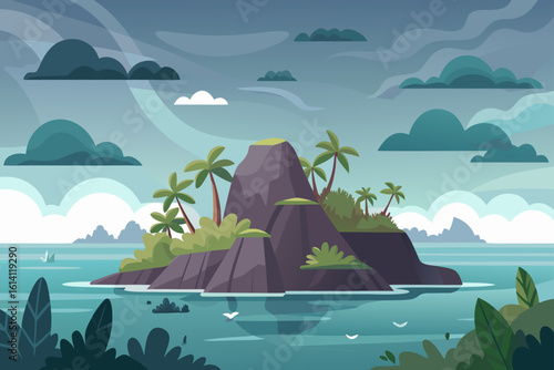Island Scene In Cloudy Weather With Sparse Vegetation