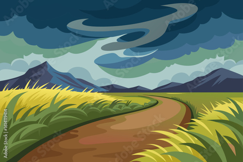 Path Scene Under Stormy Skies With Wind Blown Grass