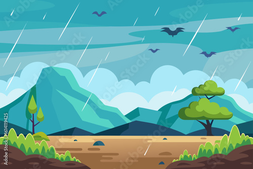 Plateau Scene After Rain With Birds Flying Above
