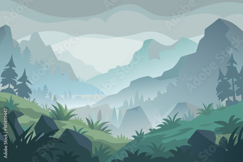 Plateau Scene In Dense Fog With Layered Foliage