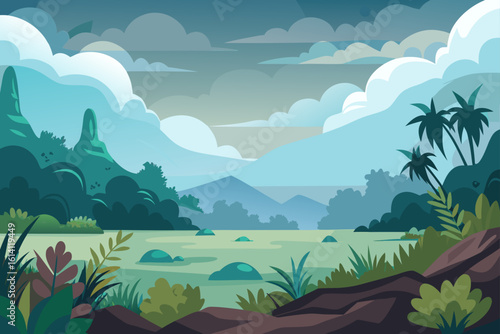 Plateau Scene In Cloudy Weather With Layered Foliage