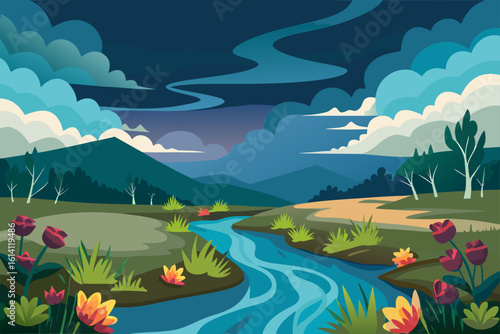 River Scene Under Stormy Skies With Flowering Plants