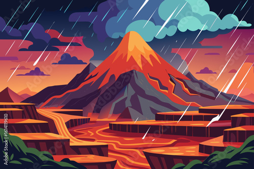 Volcano Scene In Heavy Rain With Terraced Slopes