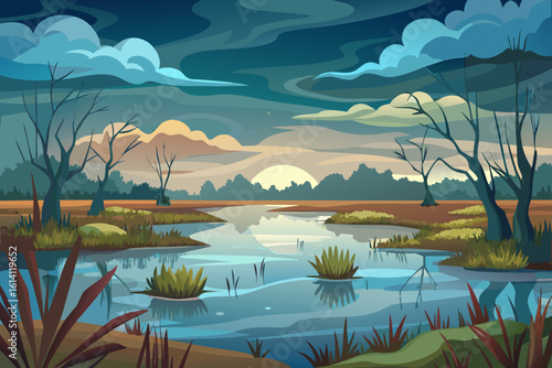 Wetland Scene In Cloudy Weather With Sparse Vegetation
