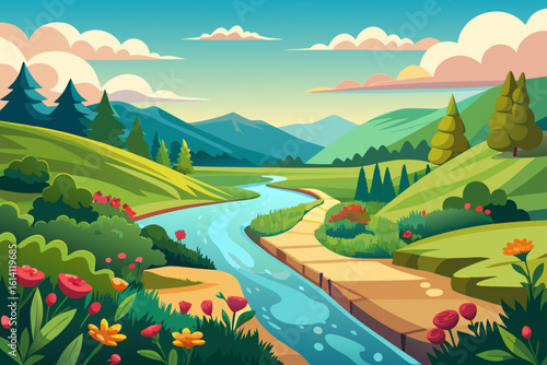 Bright River Valley With Flowering Bushes And Clear Skies