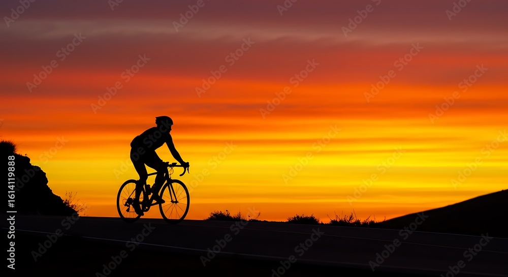 Obraz premium Biker on sunset, a silhouette of a cyclist enjoying the extreme sport of mountain biking against the sky