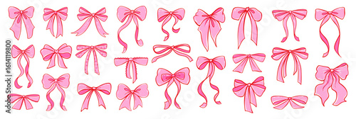 Coquette bow and ribbon vector set in pretty pink. Cute vintage doodles with lace details for Valentine s gifts, wedding accessories, and girly designs