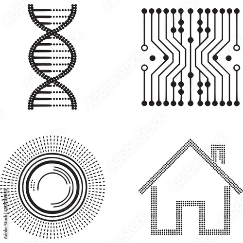 Four black and white icons depicting dna circuit board sun and house on a light gray background on transparent background