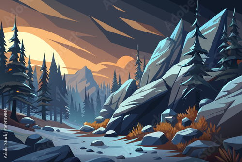 Forest Slope Scattered With Rocks And Early Snow