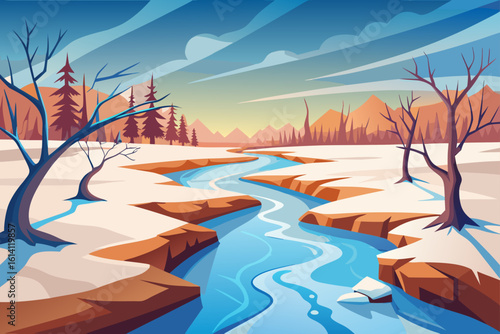 Frozen River Bend After Snowstorm With Dry Cracked Ground