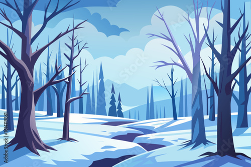 Frozen Forest With Bare Trees And Snow Covered Ground