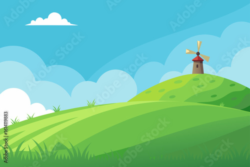Grassy Hilltop Under A Bright Sky With A Lone Windmill