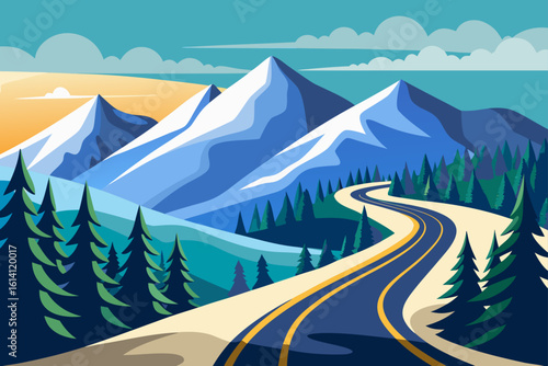 Mountain Pass With Curvy Roads Snow Patches And Pine Trees
