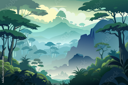 Overcast Jungle Valley With Thick Fog And Silhouetted Trees