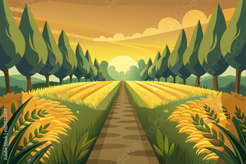 Overgrown Garden Lane Under Golden Light With Rolling Crops