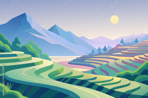Pastel Toned Rice Terraces Curving Around A Mountainside