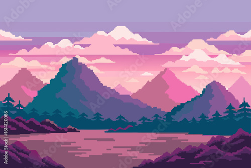 Pixel Style Hillscape With Pastel Tones And Low Resolution