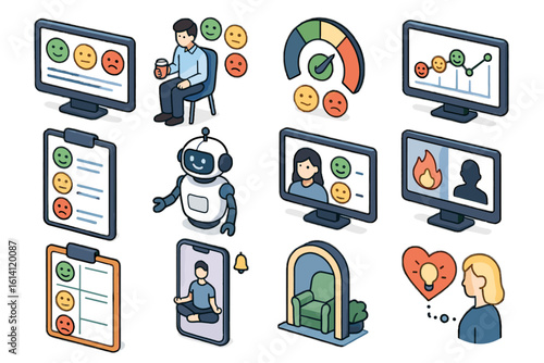 Cartoon illustrations of technology and emotion interactions with people and robots