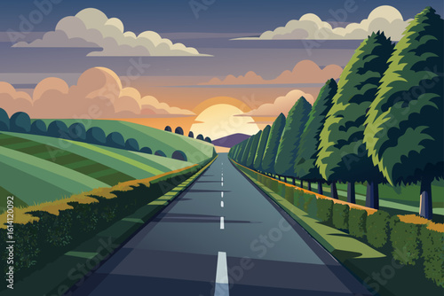 Quiet Countryside Road Between Tall Hedges Under Overcast Sky
