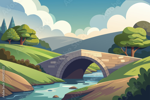 Stone Bridge Over Stream Under Soft Clouds With Shaded Banks